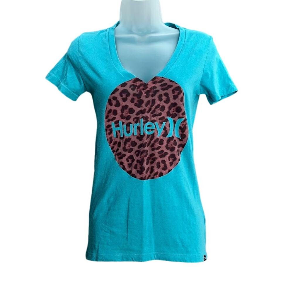 Hurley‎ Blue Animal Cheetah Print V-Neck Tshirt Size Small